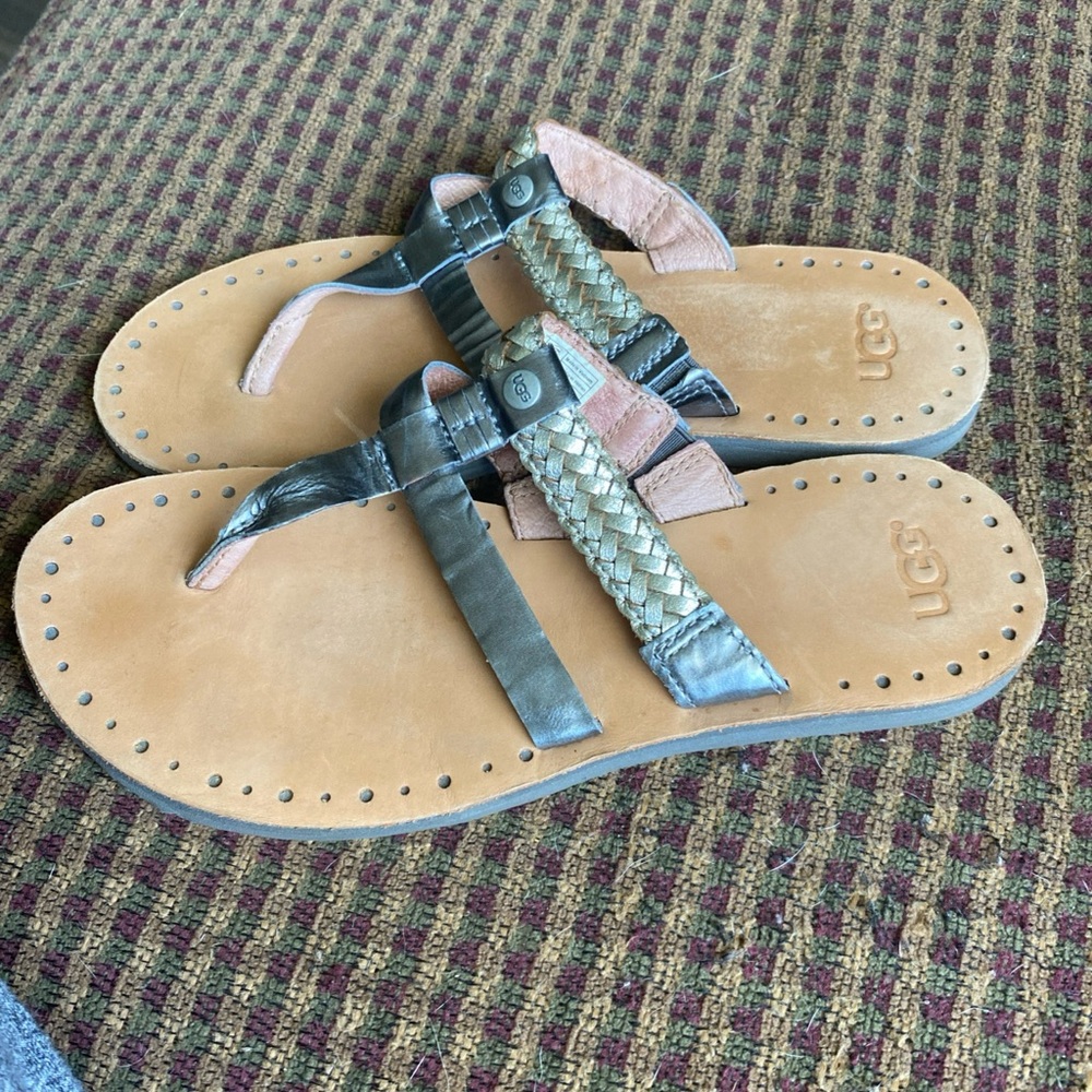 UGG Black and Tan Sandals with Flat Sole